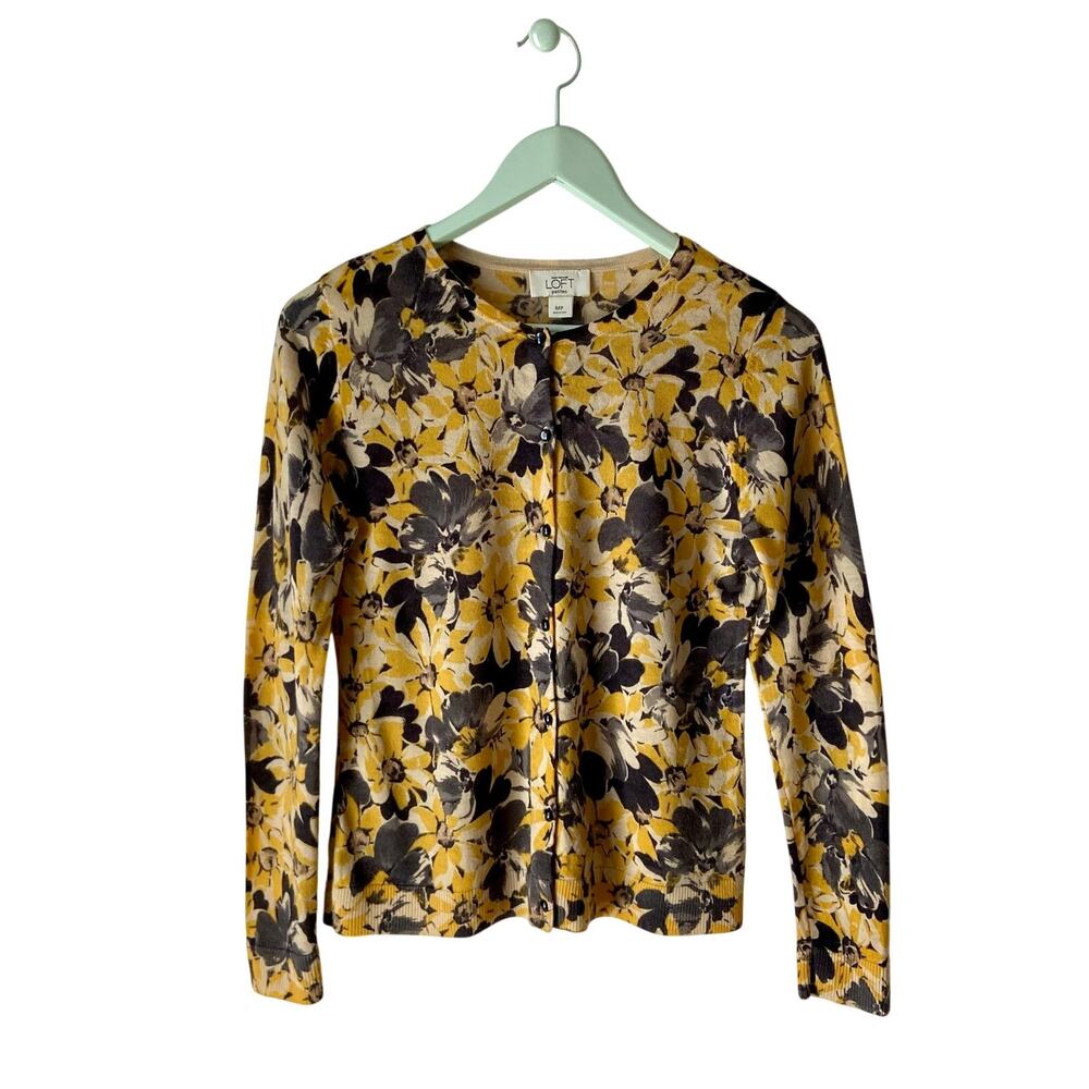 Ann Taylor Loft Yellow Floral Print Wool Cardigan Size Medium Petite